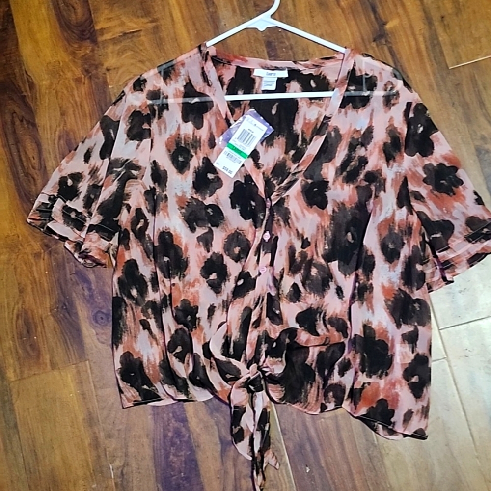 Bar lll Blouse Large Animal Print Gypsy Pink Sheer tie front Leopard Brand New